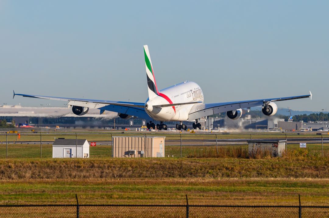 Emirates Airbus A380-800 registration  on final approach at Washington Dulles International Airport (IAD/KIAD) photographed by  on 10/17/2025