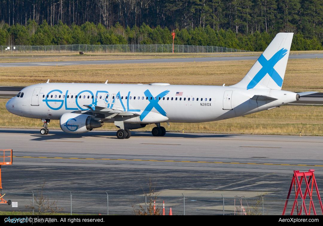 Photo of N281GX - Global X Airbus A320 at KRDU on AeroXplorer Aviation Database Photo of N281GX - Global X Airbus A320 at KRDU on AeroXplorer Aviation Database