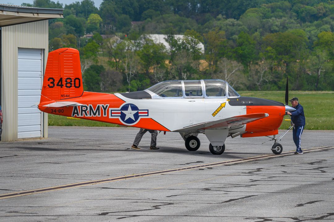 PRIVATE Beechcraft T-34 Mentor  registration  on final approach at Frederick Municipal Airport (FDK/KFDK) photographed by  on 04/21/2026