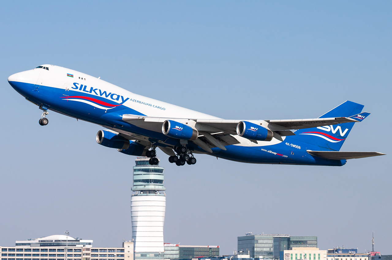 Full size: Silk Way West Airlines Boeing 747-400F 4K-SW008 at Vienna International Airport