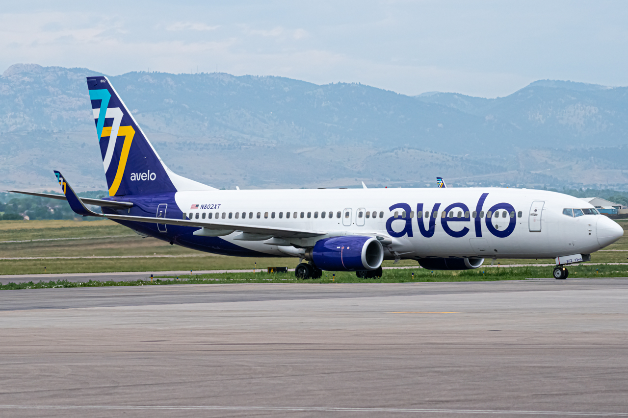 Full size: Avelo Airlines Boeing 737-800 N802XT at Northern Colorado Regional Airport