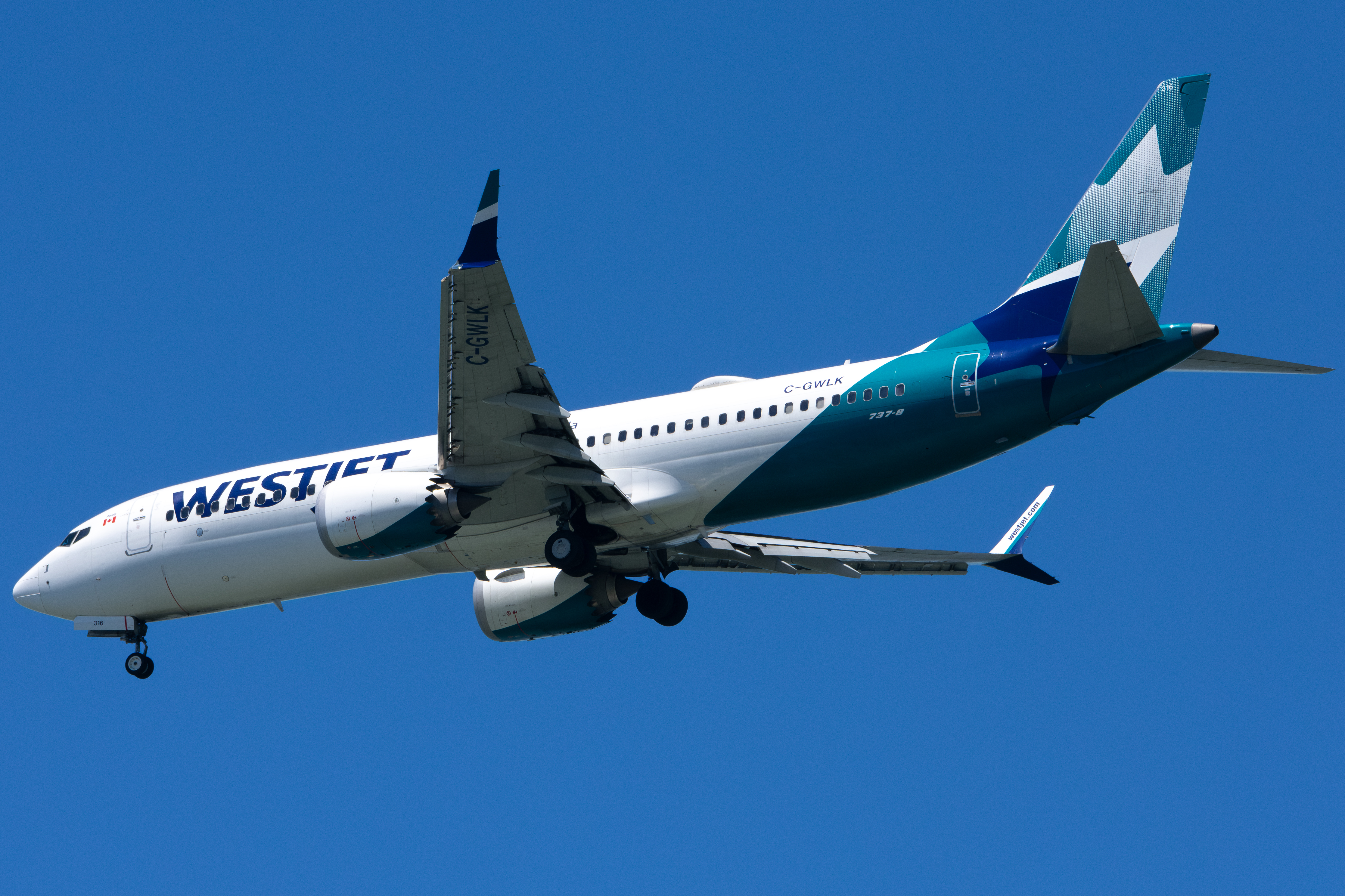 Full size: WestJet Boeing 737 MAX 8 C-GWLK at San Francisco International Airport