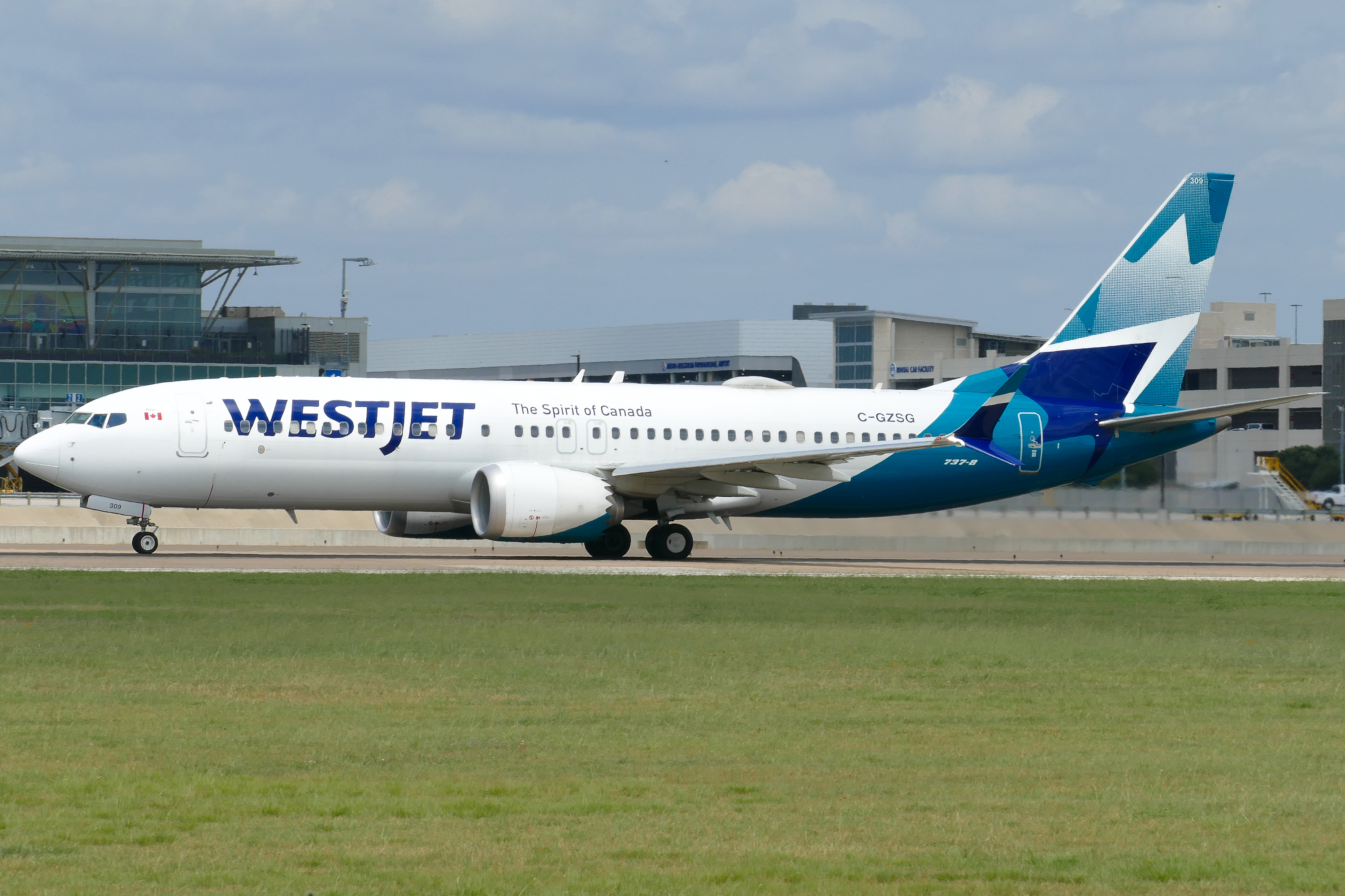 Full size: Westjet Boeing 737 MAX 8 C-GZSG at Austin-Bergstrom International Airport