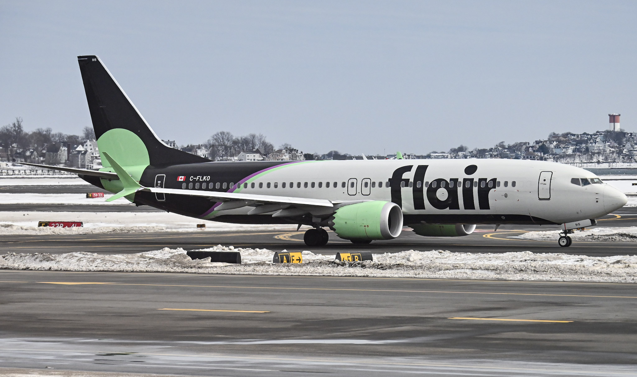 Full size: Flair Airlines Boeing 737 MAX 8 C-FLKO at General Edward Lawrence Logan International Airport