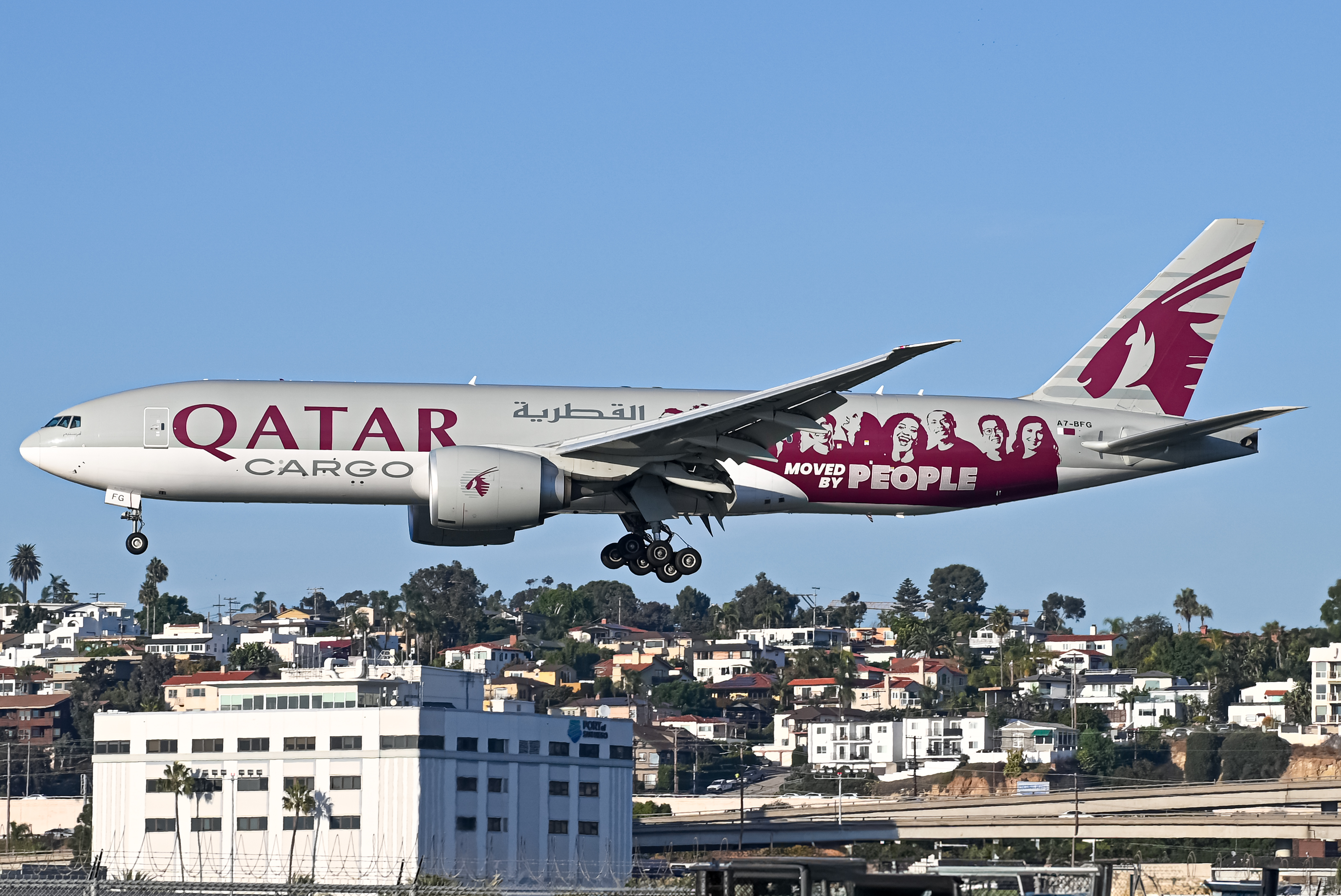 Full size: Qatar Air Cargo Boeing 777-F A7-BFG at San Diego International Airport