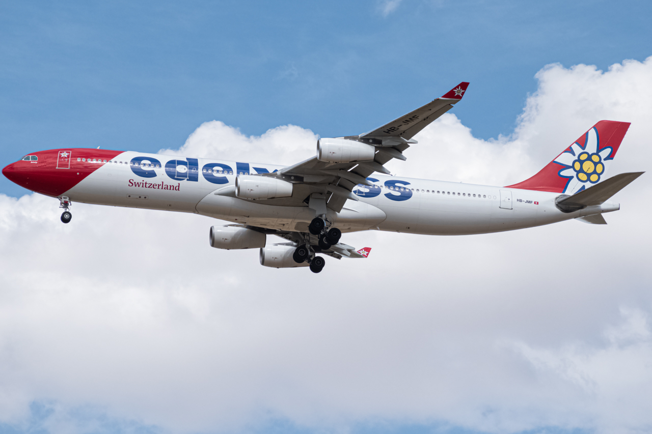 Full size: Edelweiss Air Airbus A340-300 HB-JMF at Denver International Airport