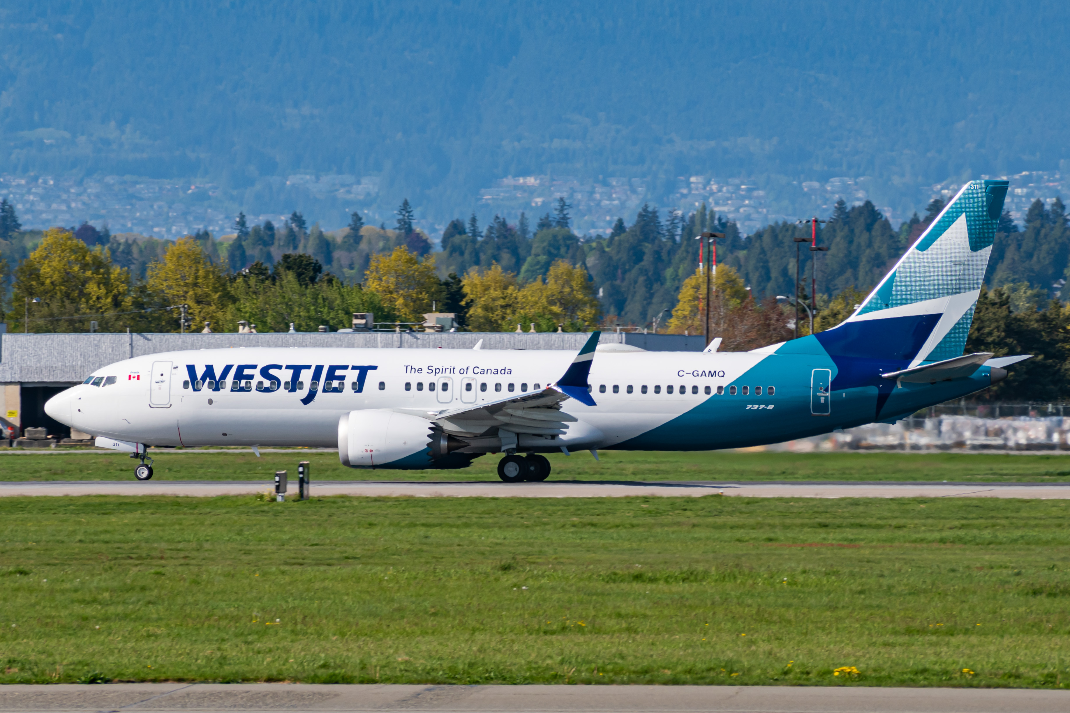 Full size: WestJet Boeing 737 MAX 8 C-GAMQ at Vancouver International Airport