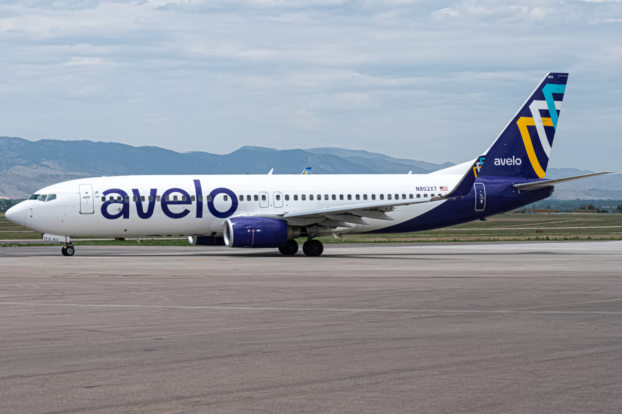 Full size: Avelo Airlines Boeing 737-800 N802XT at Northern Colorado Regional Airport