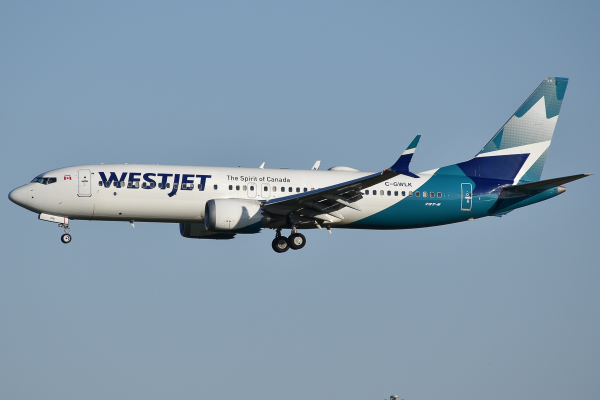 Full size: WestJet Boeing 737 MAX 8 C-GWLK at Lester B Pearson International Airport