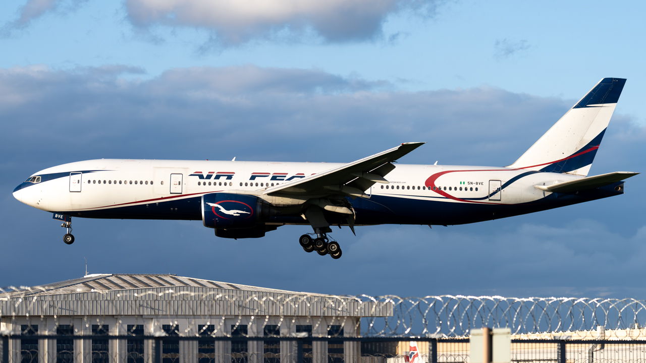 Full size: Air Peace Boeing 777-200ER 5N-BVE at London Heathrow International Airport