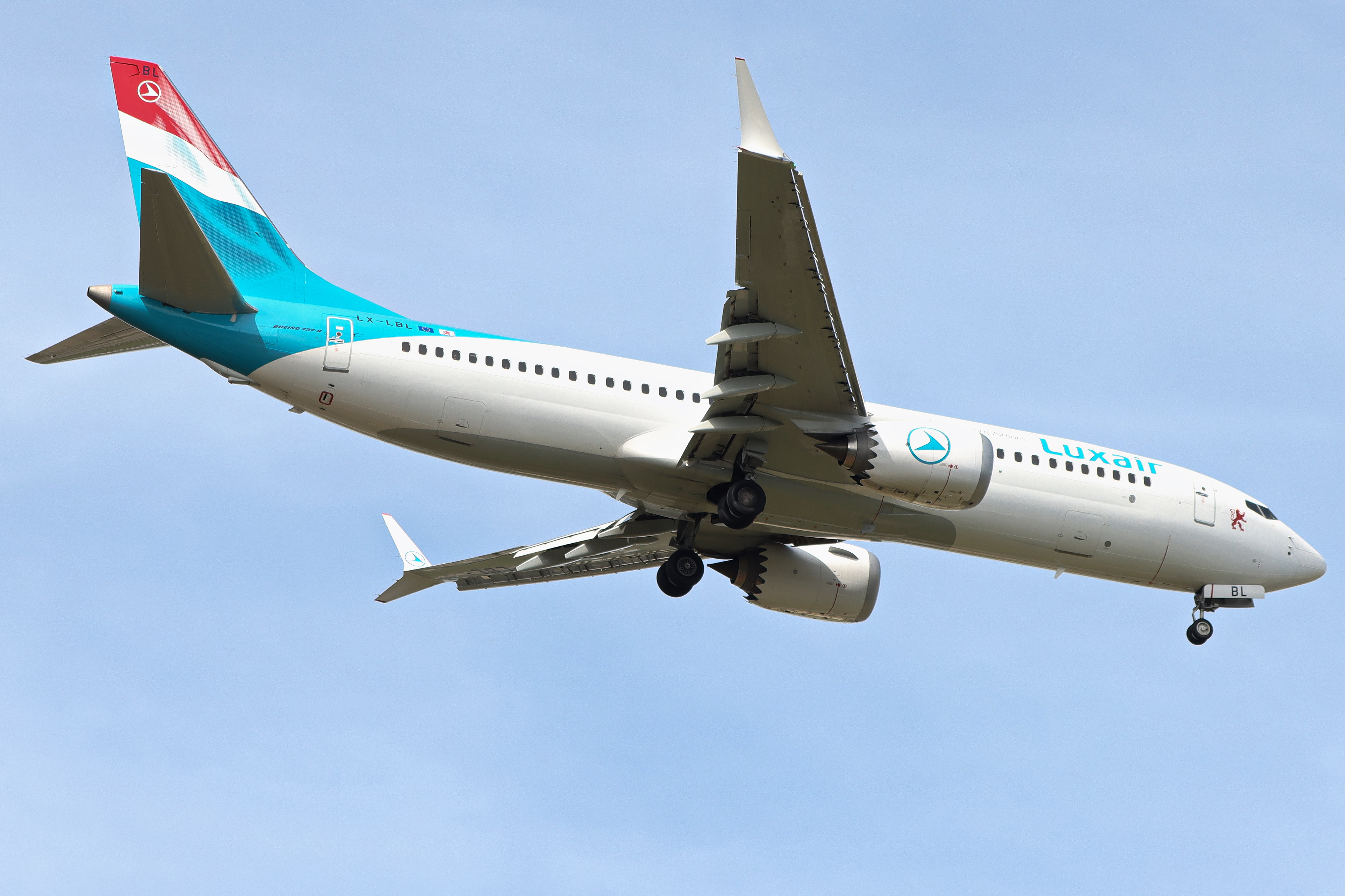 Full size: Luxair Boeing 737 MAX 8 LX-LBL at Luxembourg Findel Airport