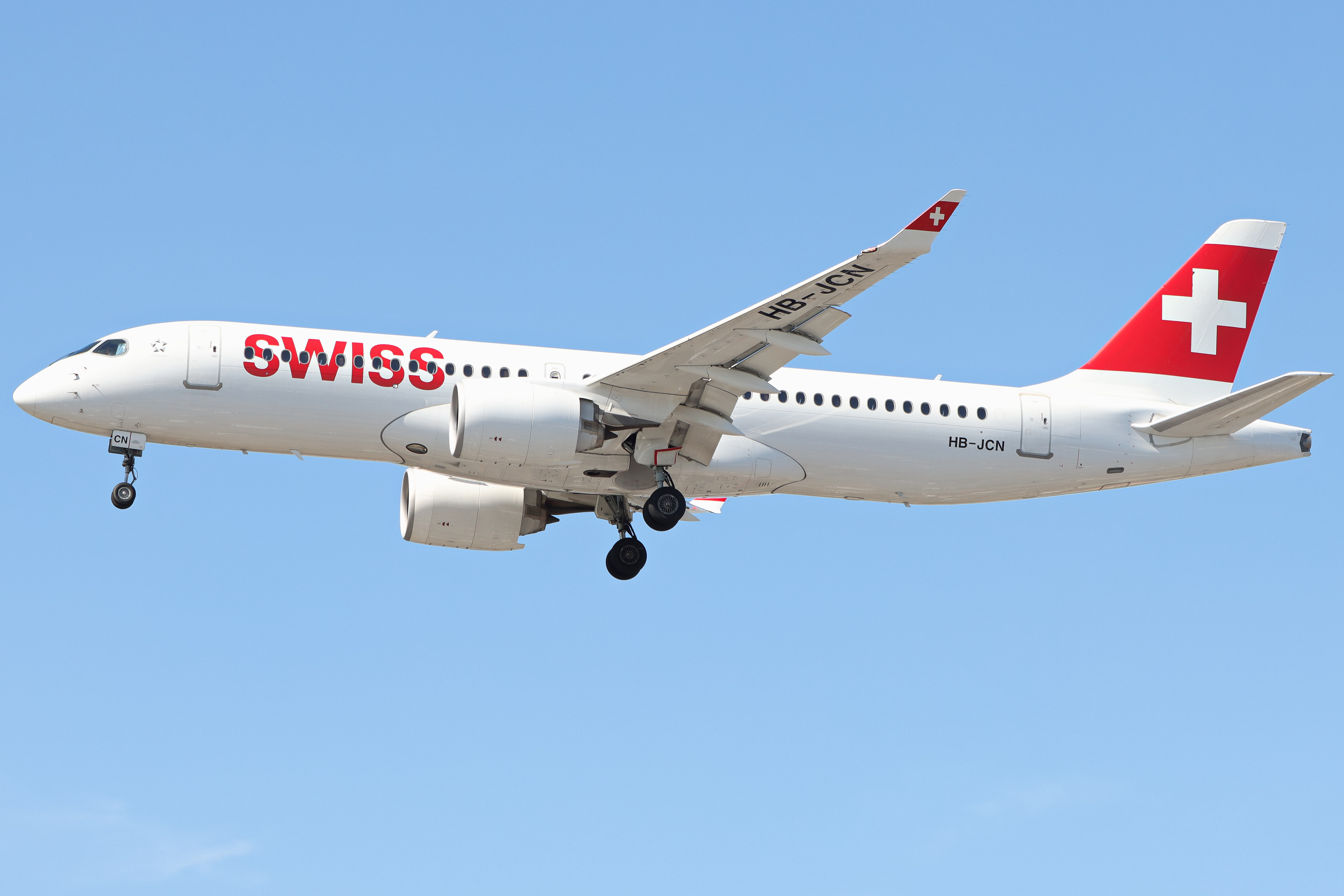 Full size: Swiss International Air Lines Airbus A220-300 HB-JCN at London Heathrow International Airport