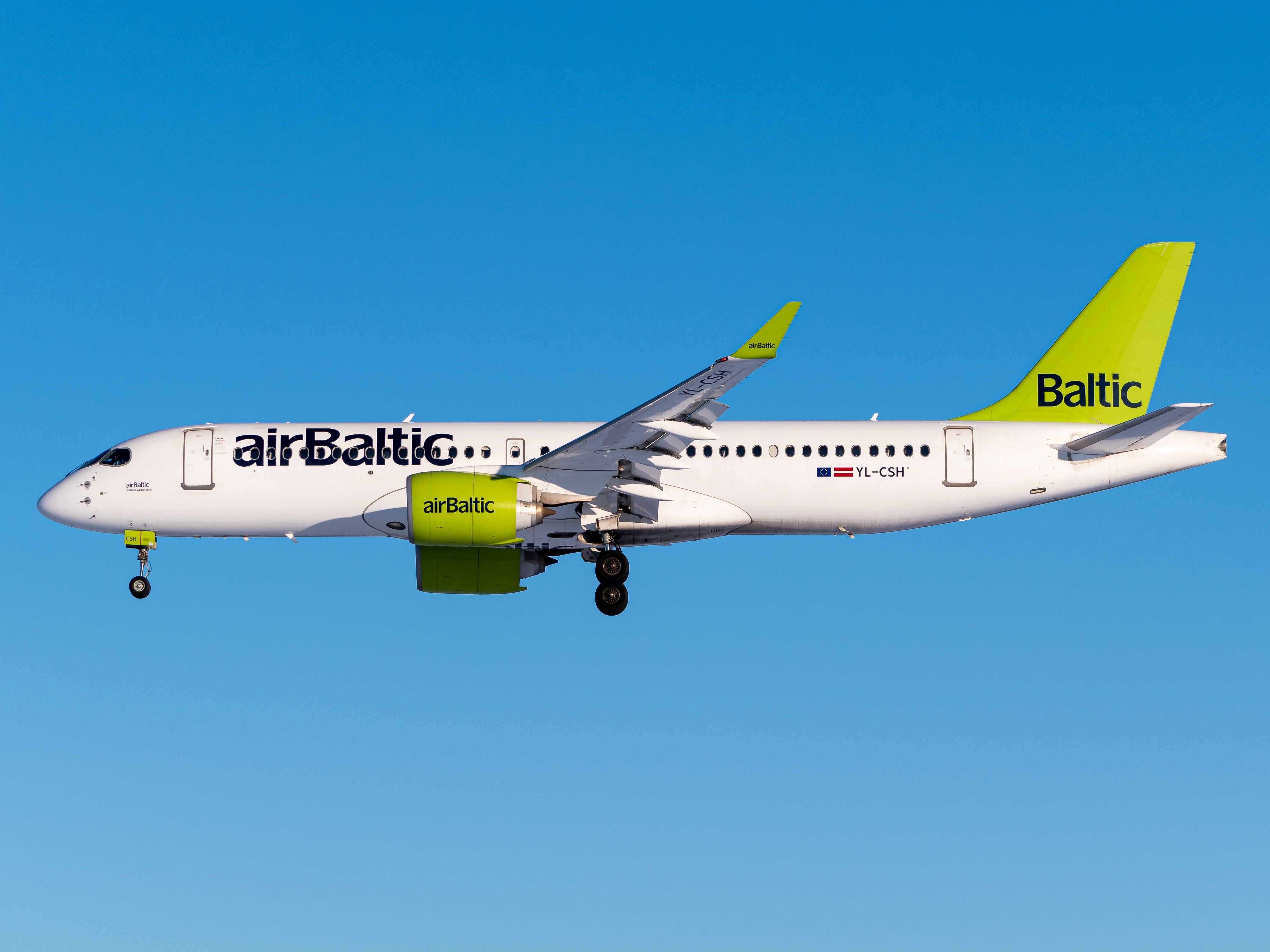 Full size: Air Baltic Airbus A220-300 YL-CSH at Riga International Airport