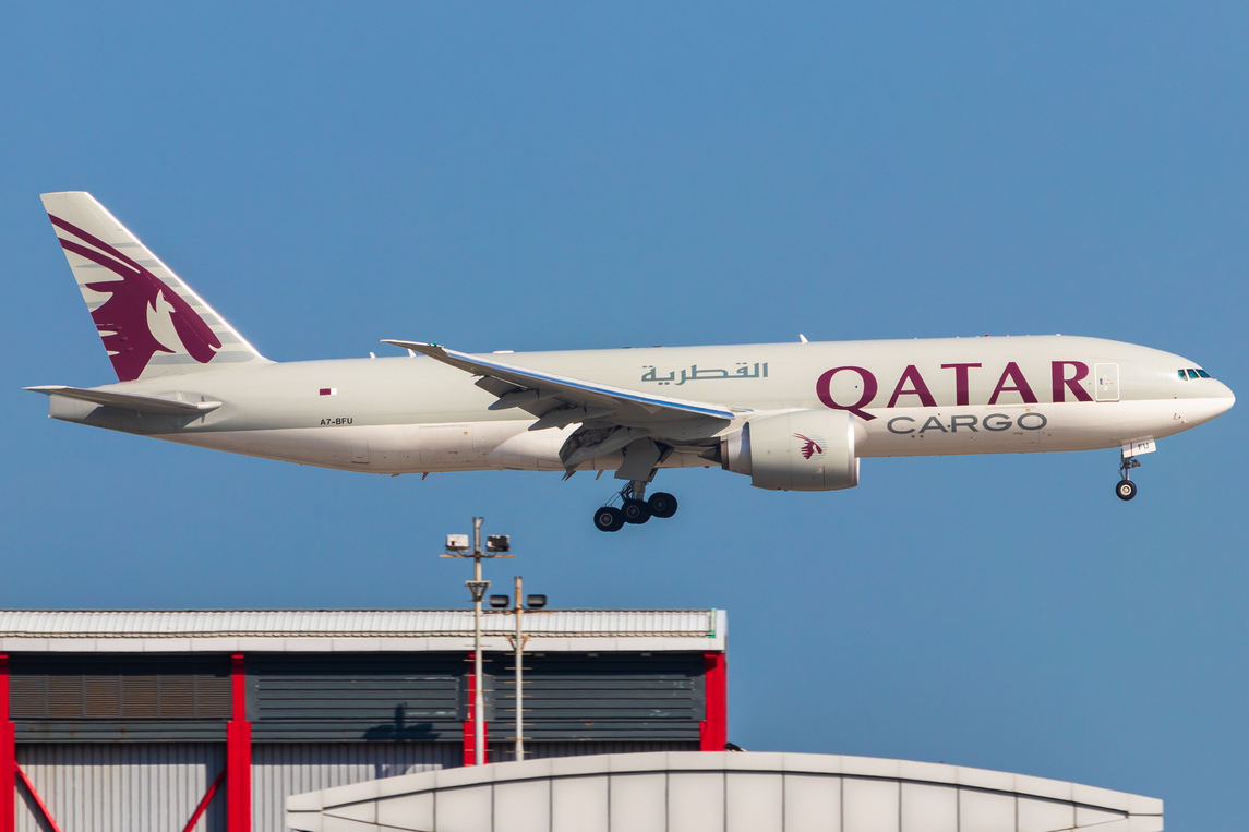 Full size: Qatar Cargo Boeing 777-F A7-BFU at Hong Kong International Airport
