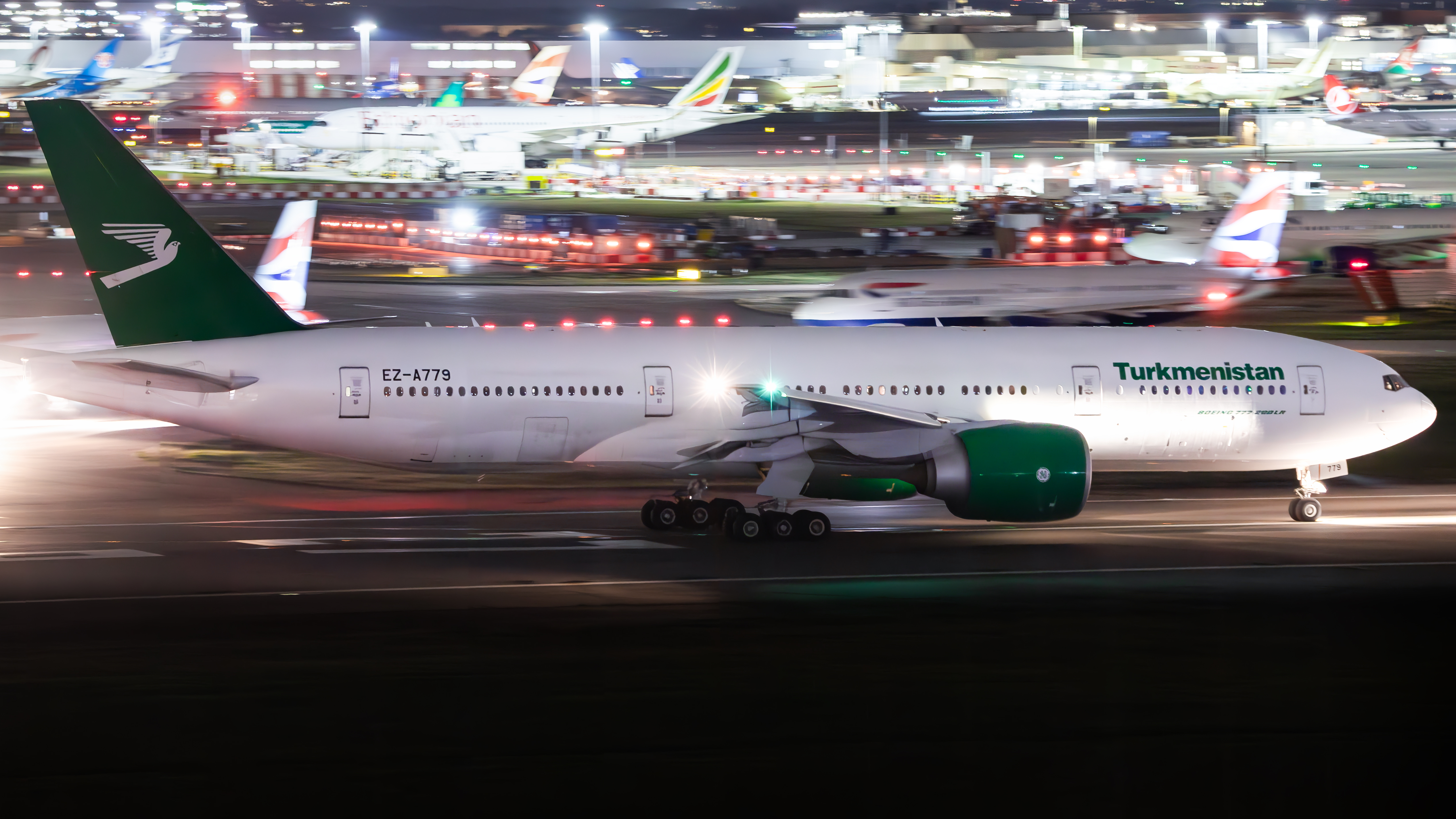 Full size: Turkmenistan Airlines Boeing 777-200LR EZ-A779 at London Heathrow International Airport