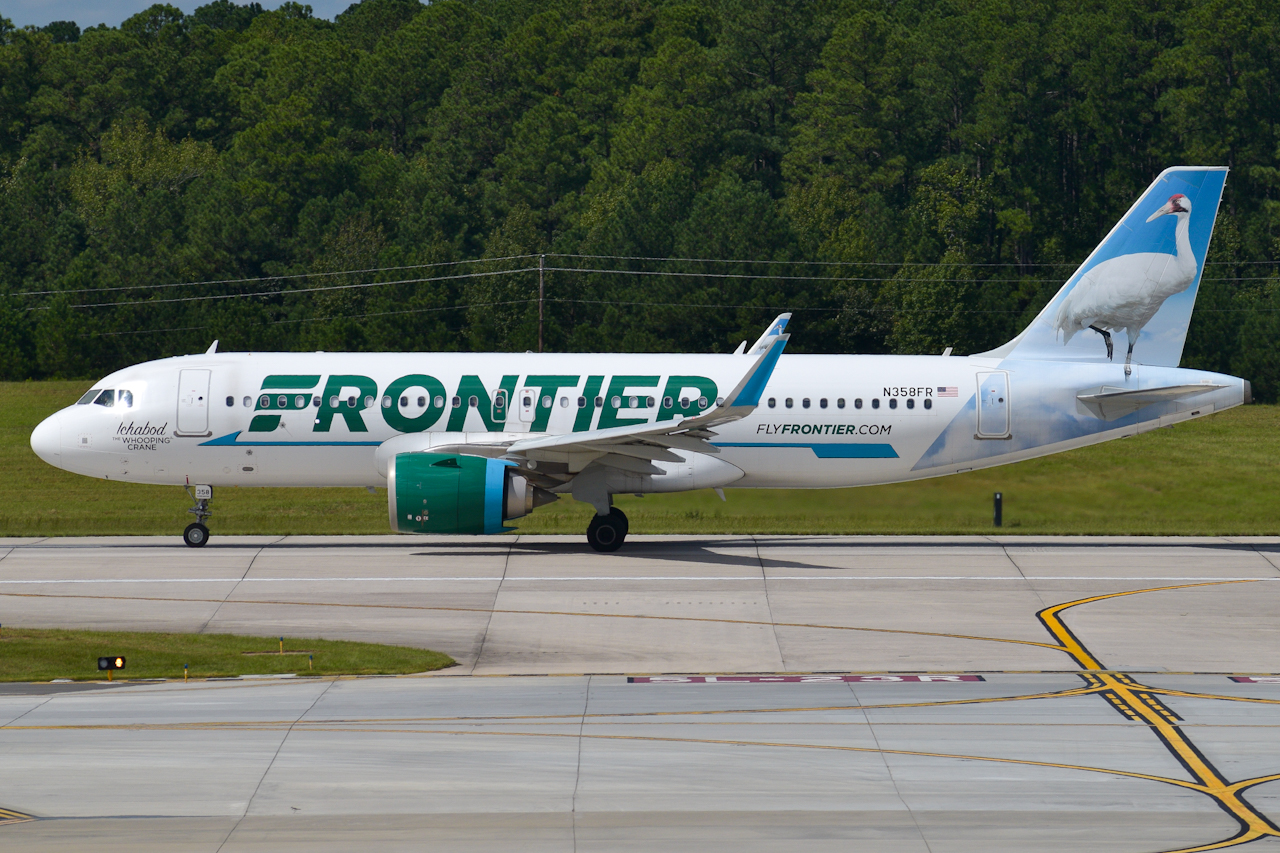 Full size: Frontier Airlines Airbus A320NEO N358FR at Raleigh-Durham International Airport