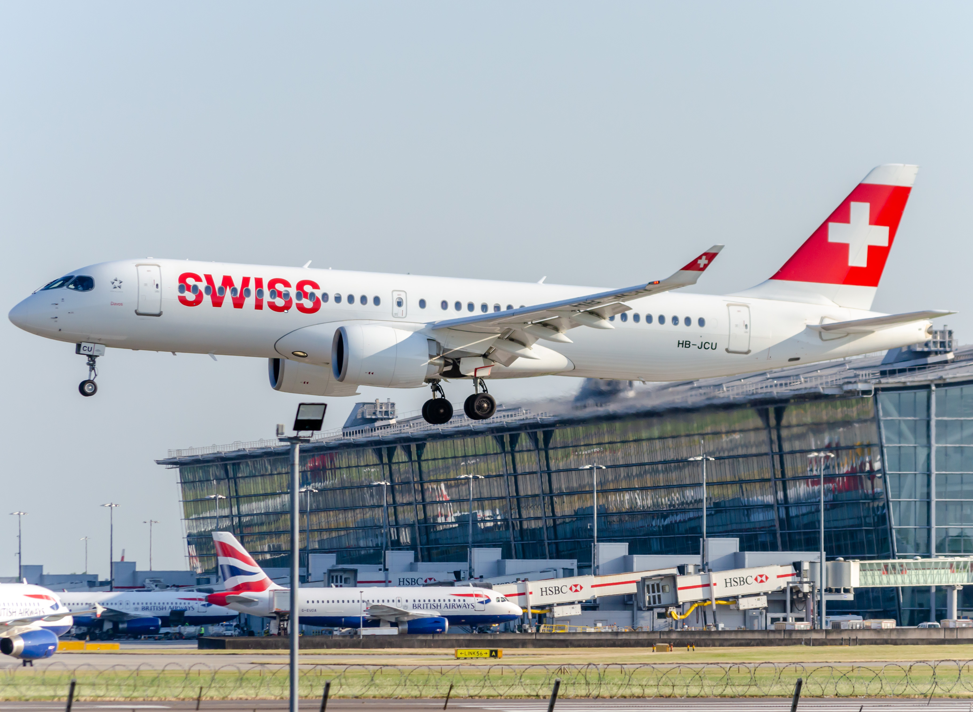Full size: Swiss International Air Lines Airbus A220-300 HB-JCU at London Heathrow International Airport