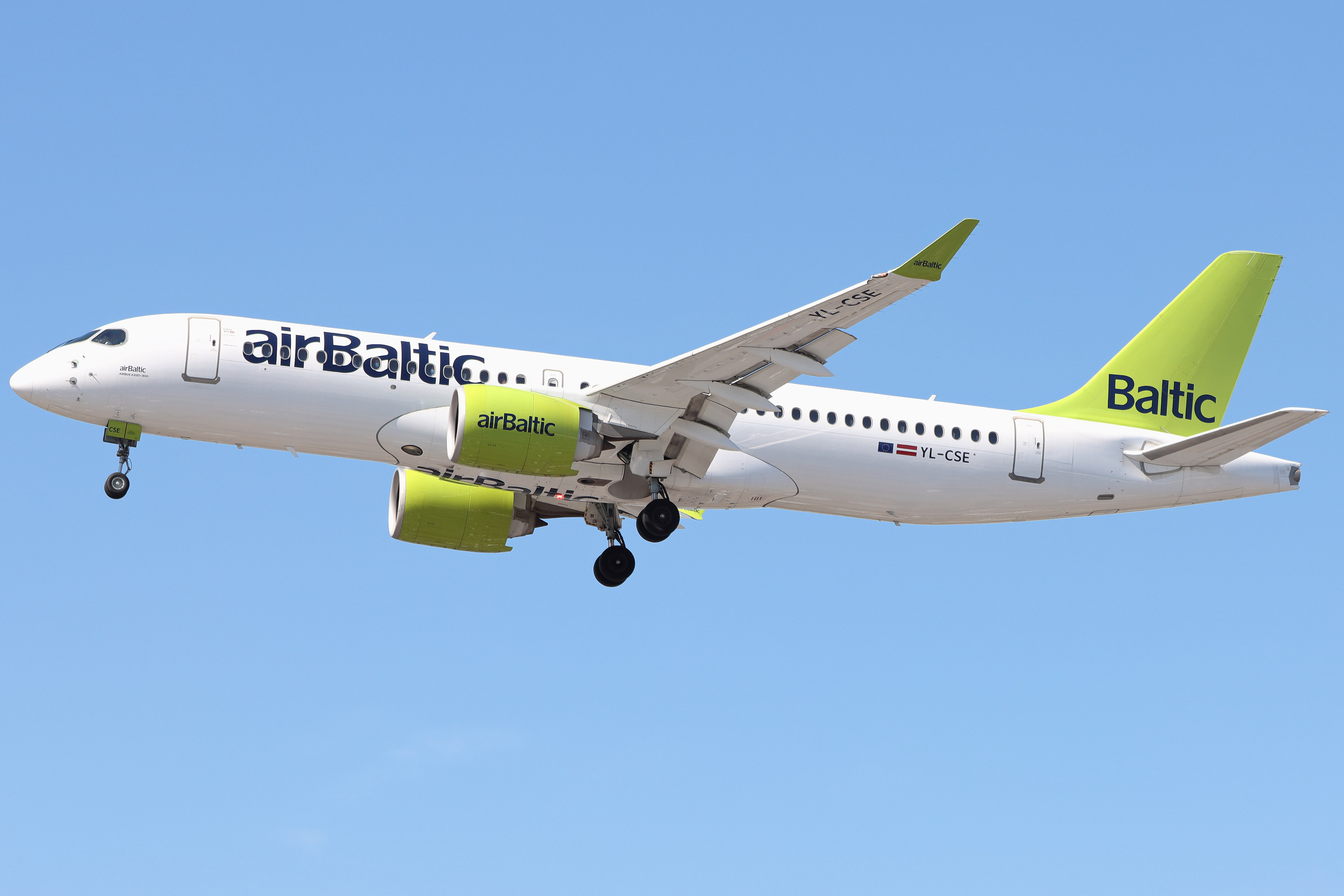 Full size: Air Baltic Airbus A220-300 YL-CSE at London Heathrow International Airport