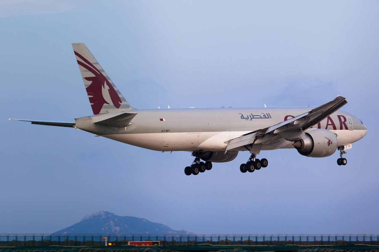Full size: Qatar Air Cargo Boeing 777-F A7-BFI at Macau International Airport