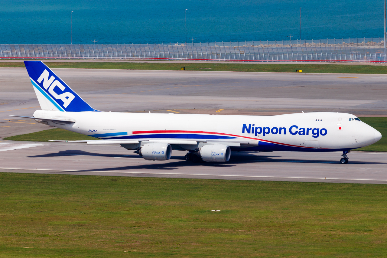Full size: Nippon Cargo Airlines Boeing 747-8F JA12KZ at Hong Kong International Airport
