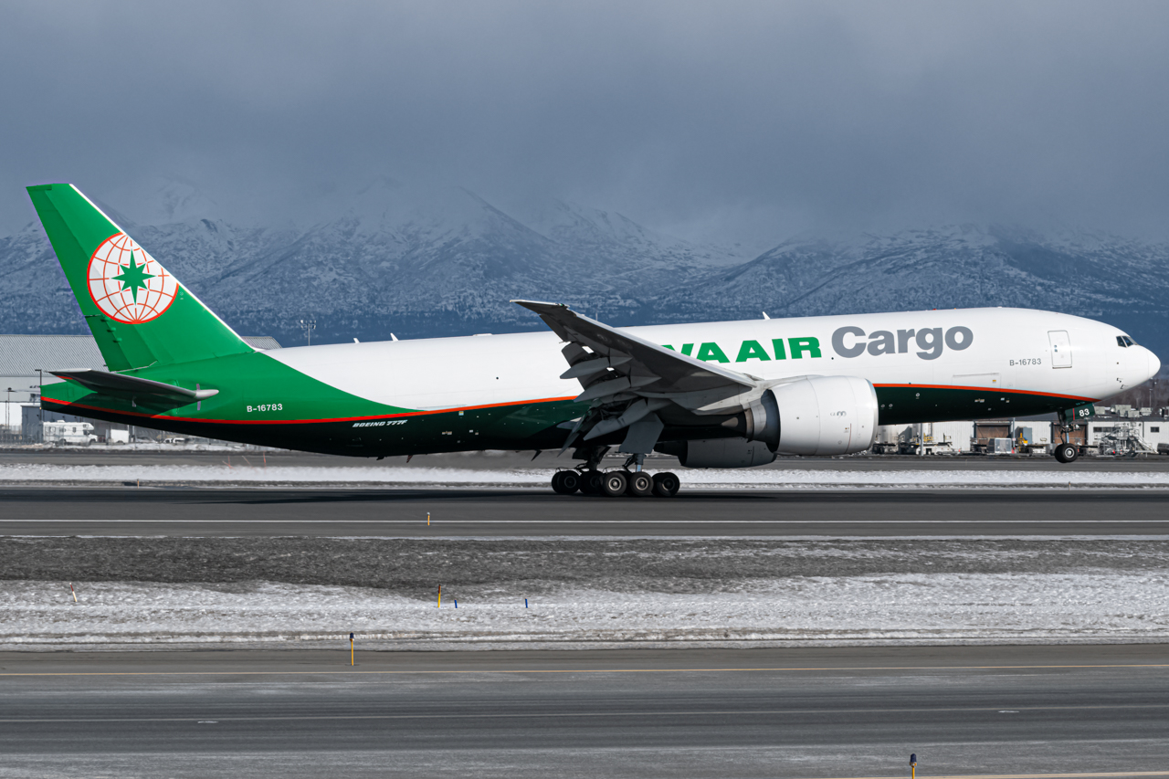 Full size: Eva Air Cargo Boeing 777-F B-16783 at Anchorage Ted Stevens International Airport
