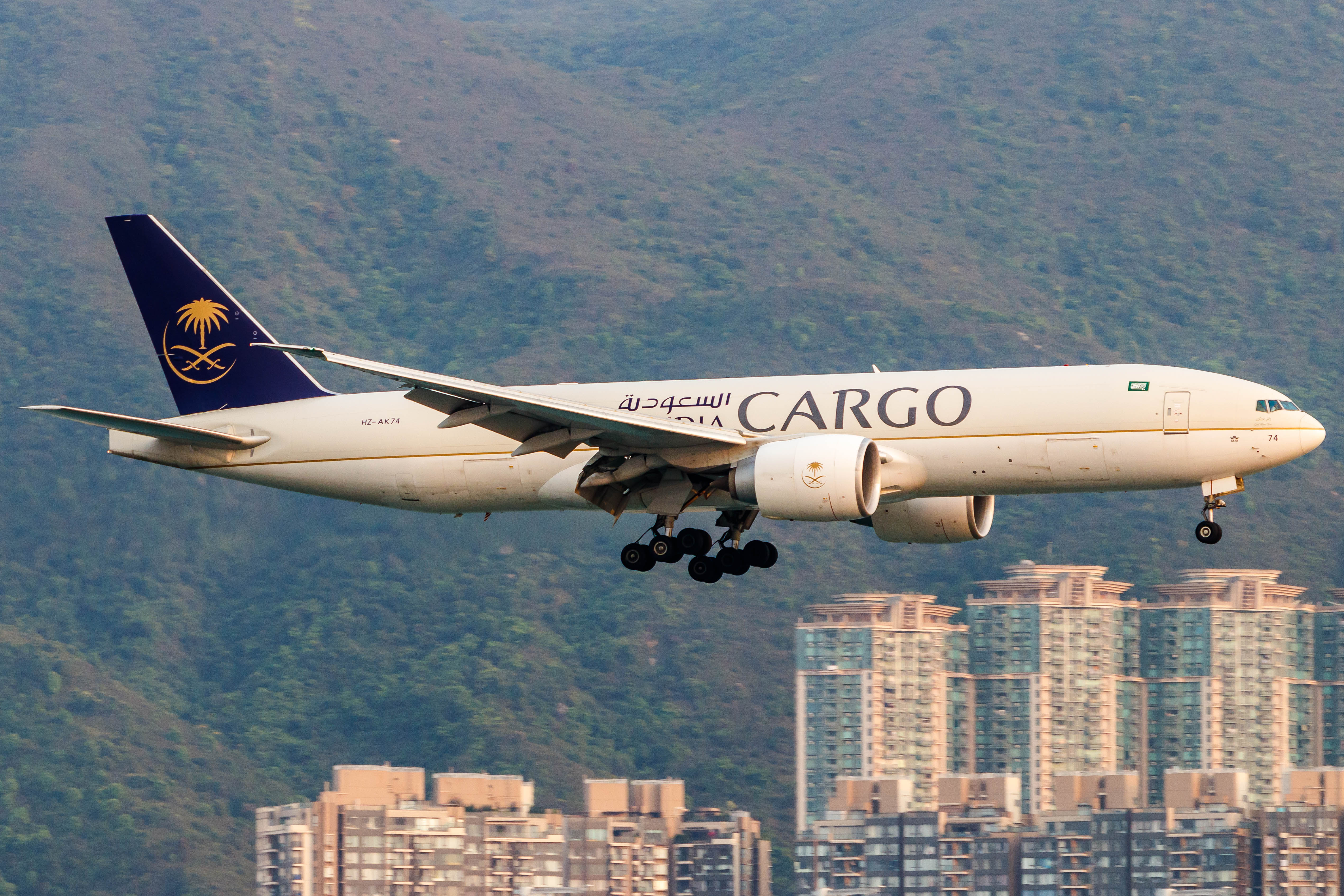 Full size: Saudia Cargo Boeing 777-F HZ-AK74 at Hong Kong International Airport