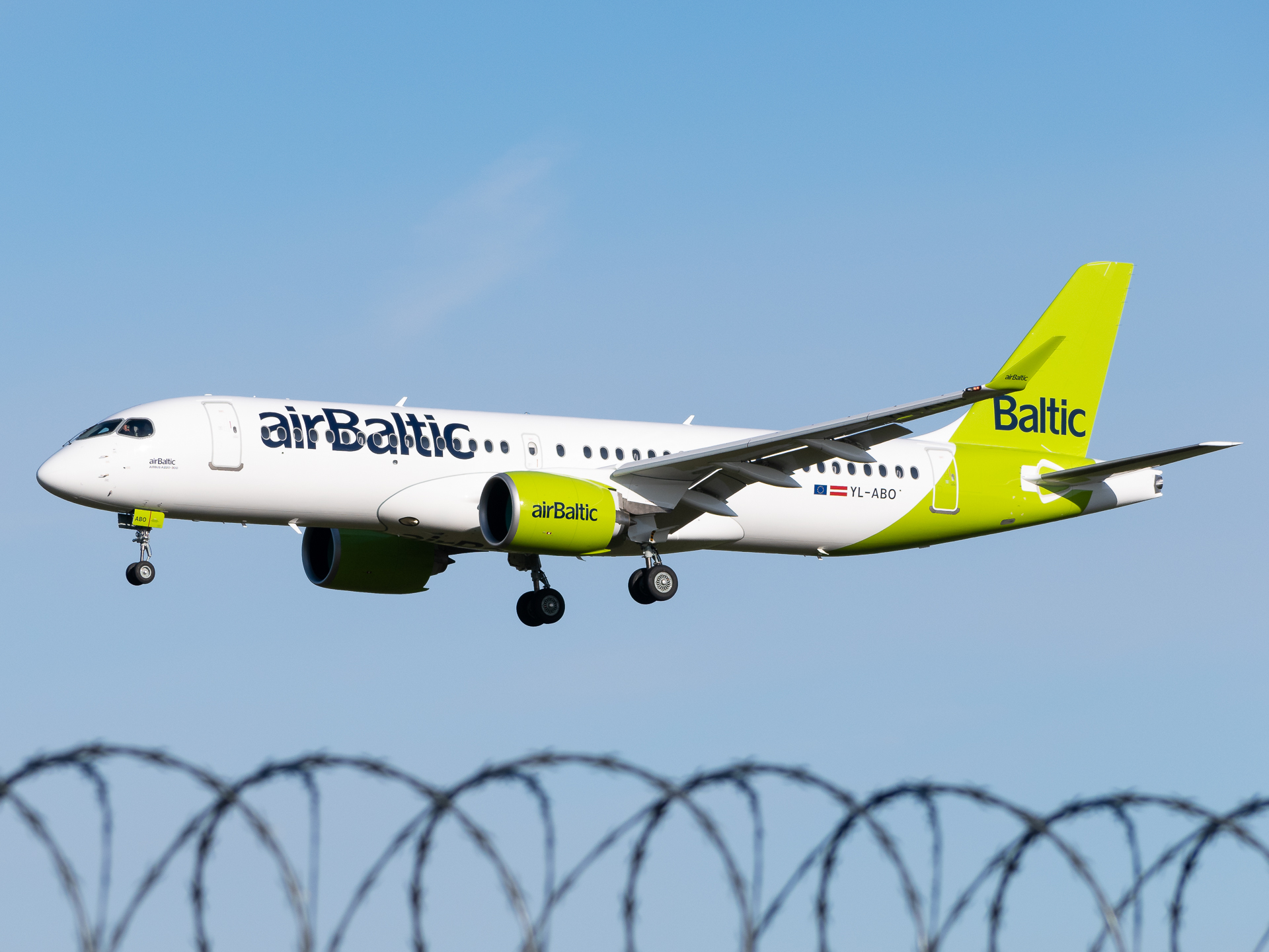 Full size: Air Baltic Airbus A220-300 YL-ABO at Riga International Airport