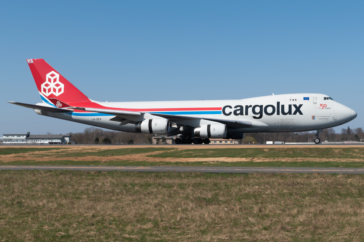 Full size: CargoLux Boeing 747-400F LX-OCV at Luxembourg Findel Airport