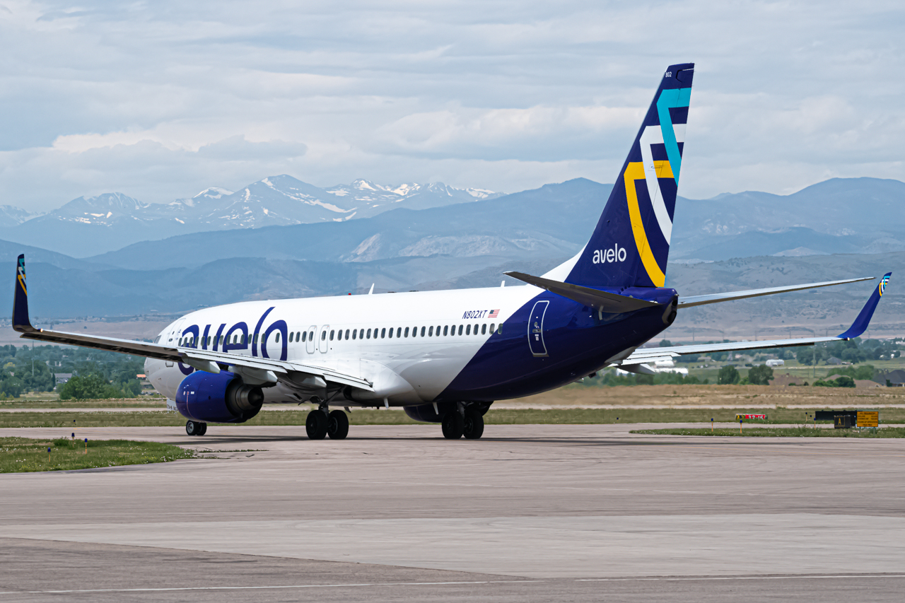 Full size: Avelo Airlines Boeing 737-800 N802XT at Northern Colorado Regional Airport