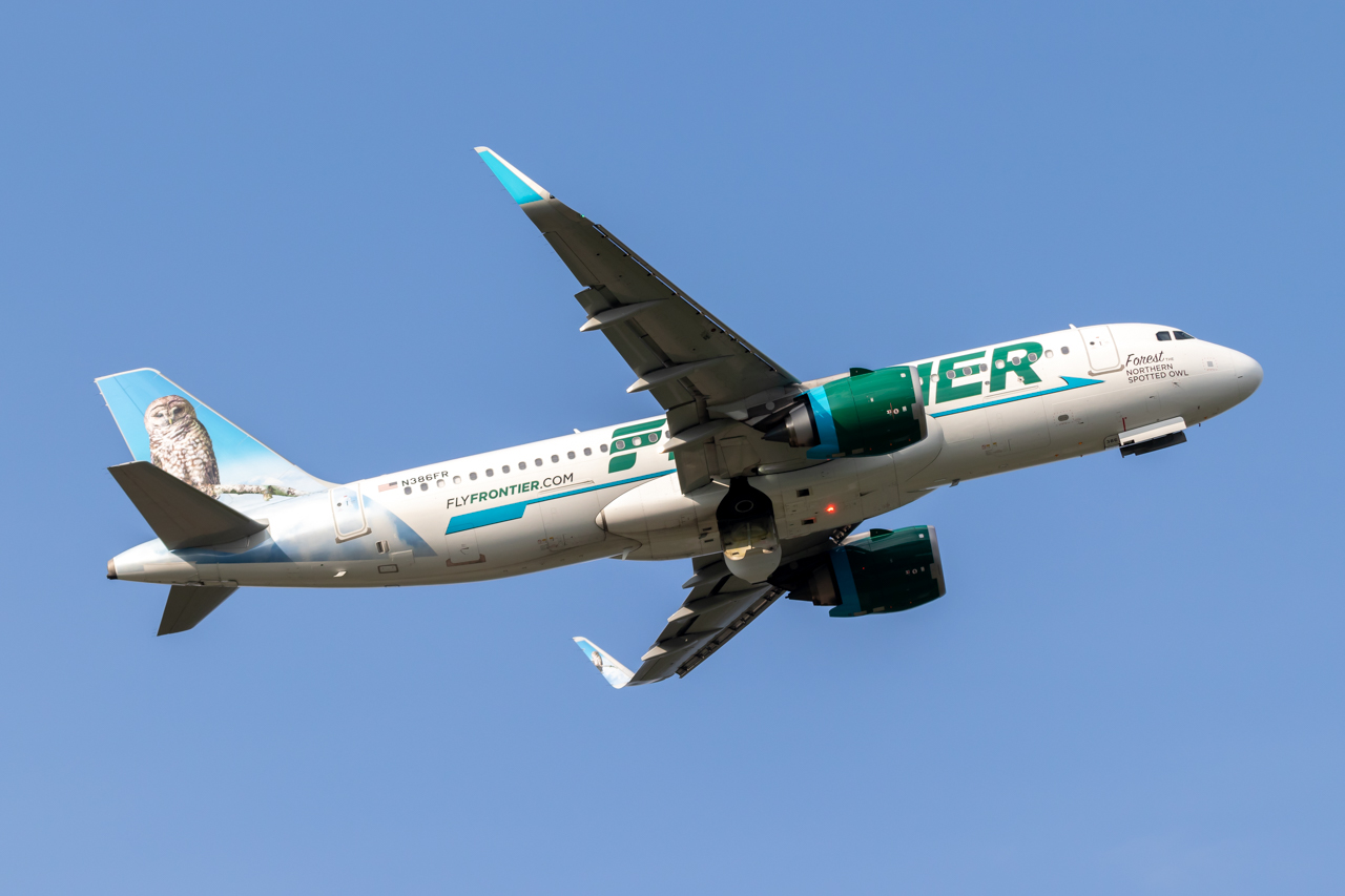 Full size: Frontier Airlines Airbus A320NEO N386FR at Baltimore/Washington International Thurgood Marshall Airport