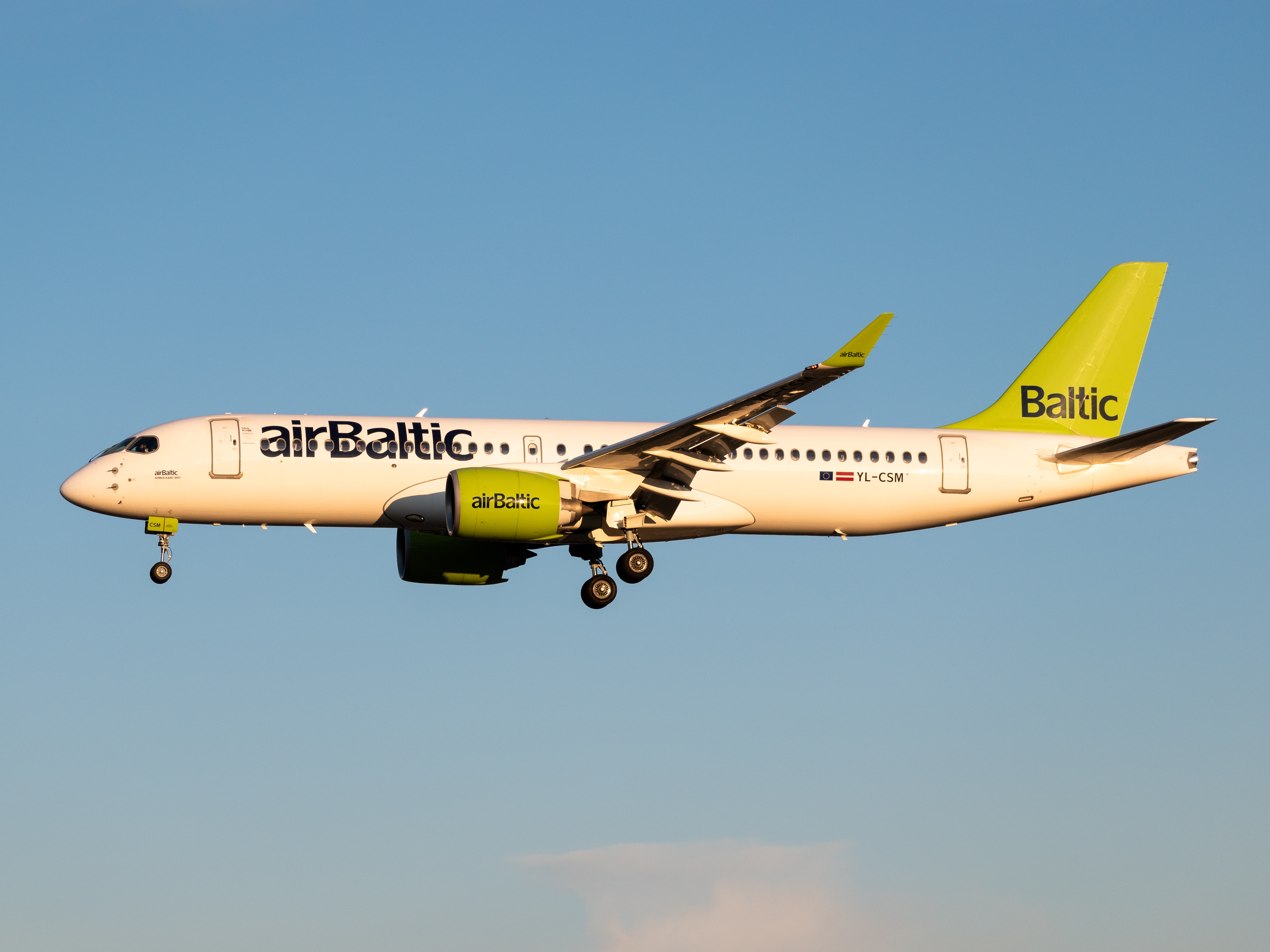 Full size: Air Baltic Airbus A220-300 YL-CSM at Riga International Airport