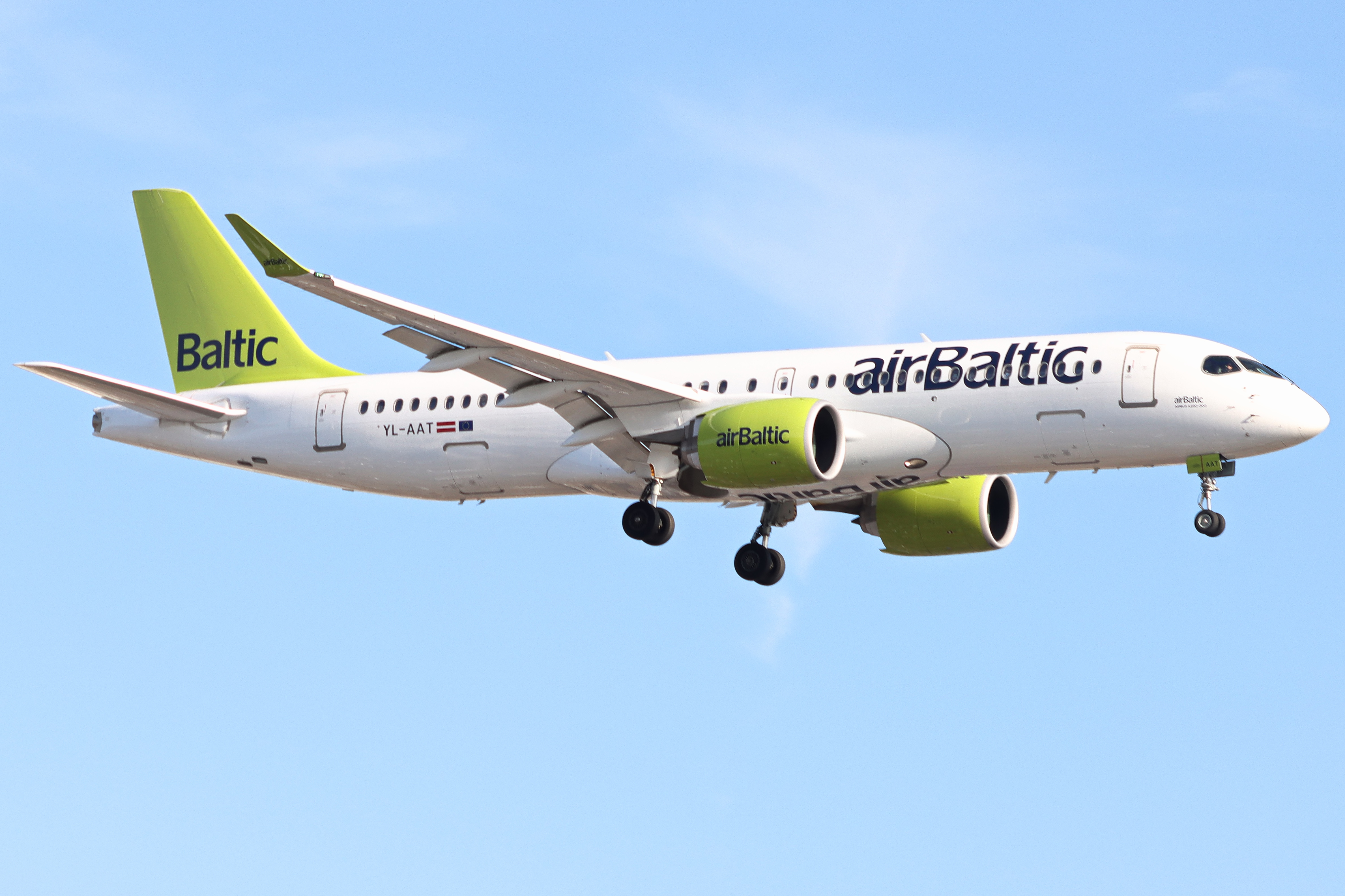 Full size: Air Baltic Airbus A220-300 YL-AAT at London Heathrow International Airport