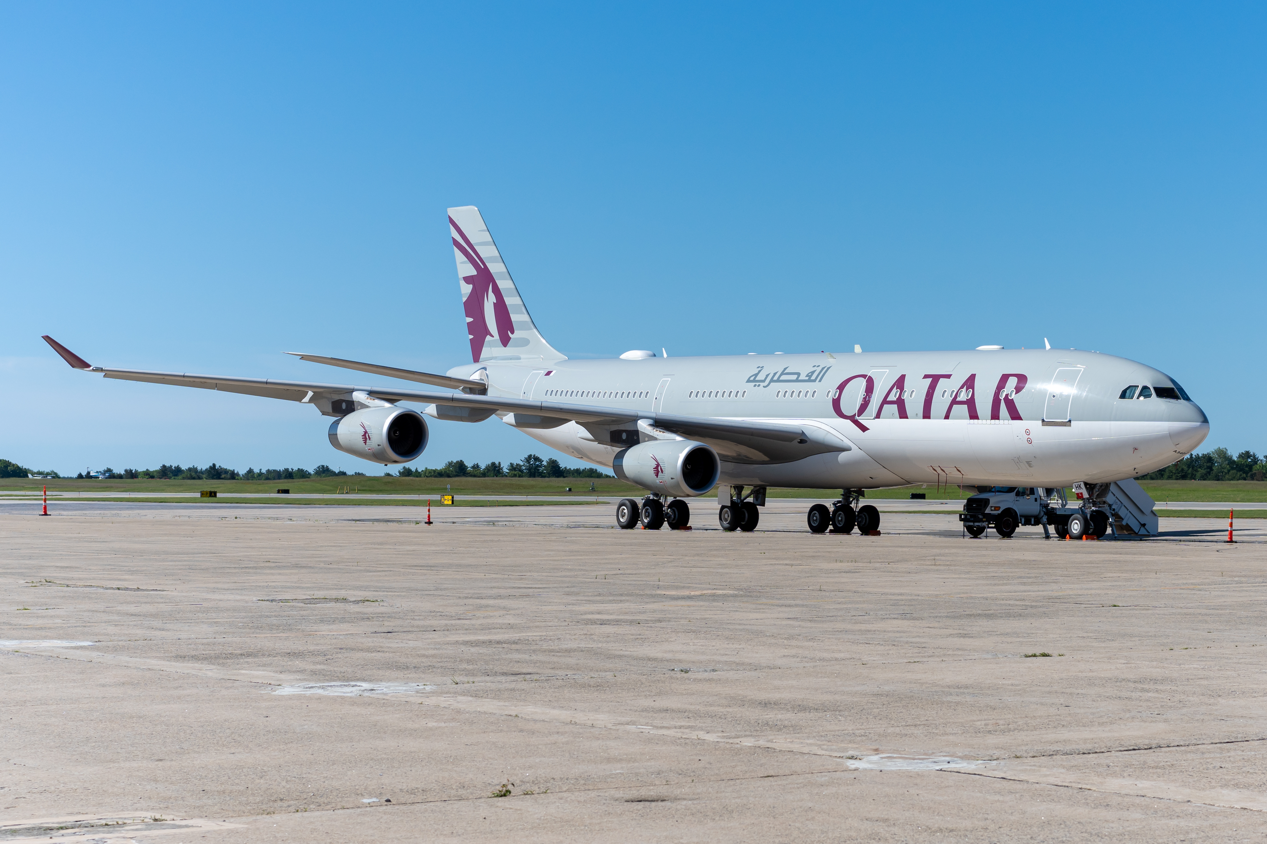 Full size: Qatar Amiri Flight Airbus A340-200 A7-HHK at Portsmouth International Airport at Pease
