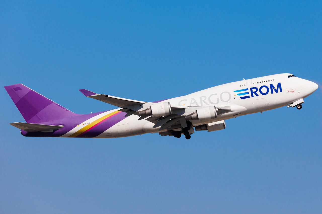 Full size: ROM Cargo Airlines Boeing 747-400F YR-FSA at Hong Kong International Airport