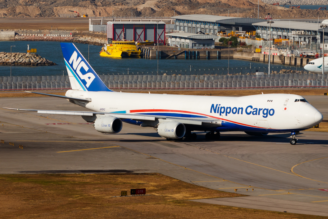 Full size: Nippon Cargo Airlines Boeing 747-8F JA15KZ at Hong Kong International Airport