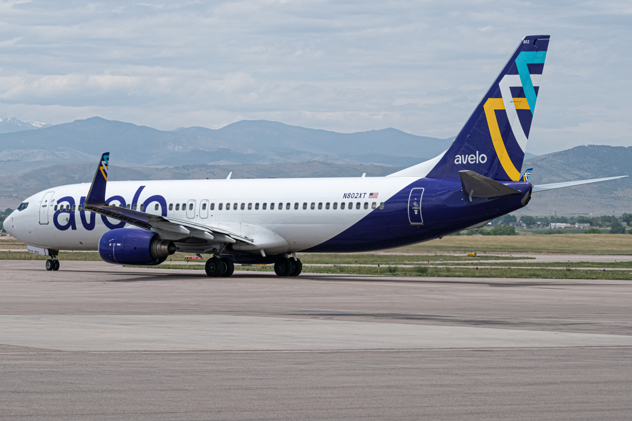 Full size: Avelo Airlines Boeing 737-800 N802XT at Northern Colorado Regional Airport