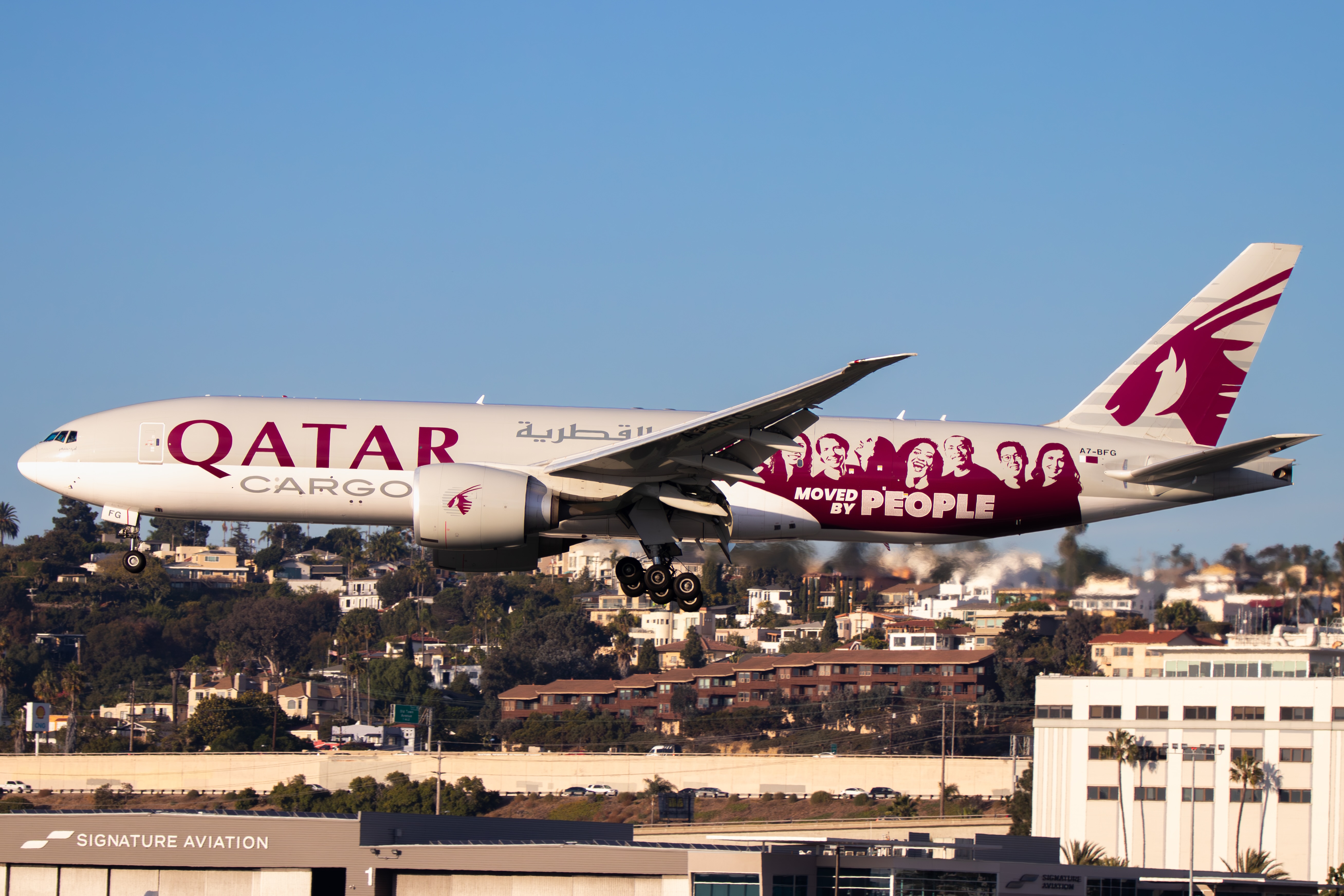 Full size: Qatar Air Cargo Boeing 777-200LR A7-BFG at San Diego International Airport