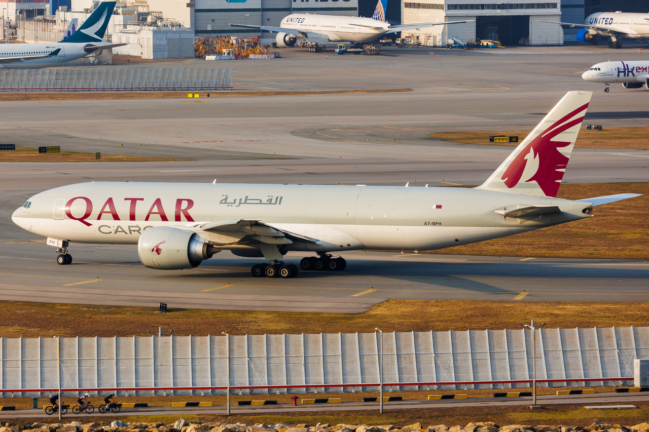 Full size: Qatar Air Cargo Boeing 777-F A7-BFH at Hong Kong International Airport