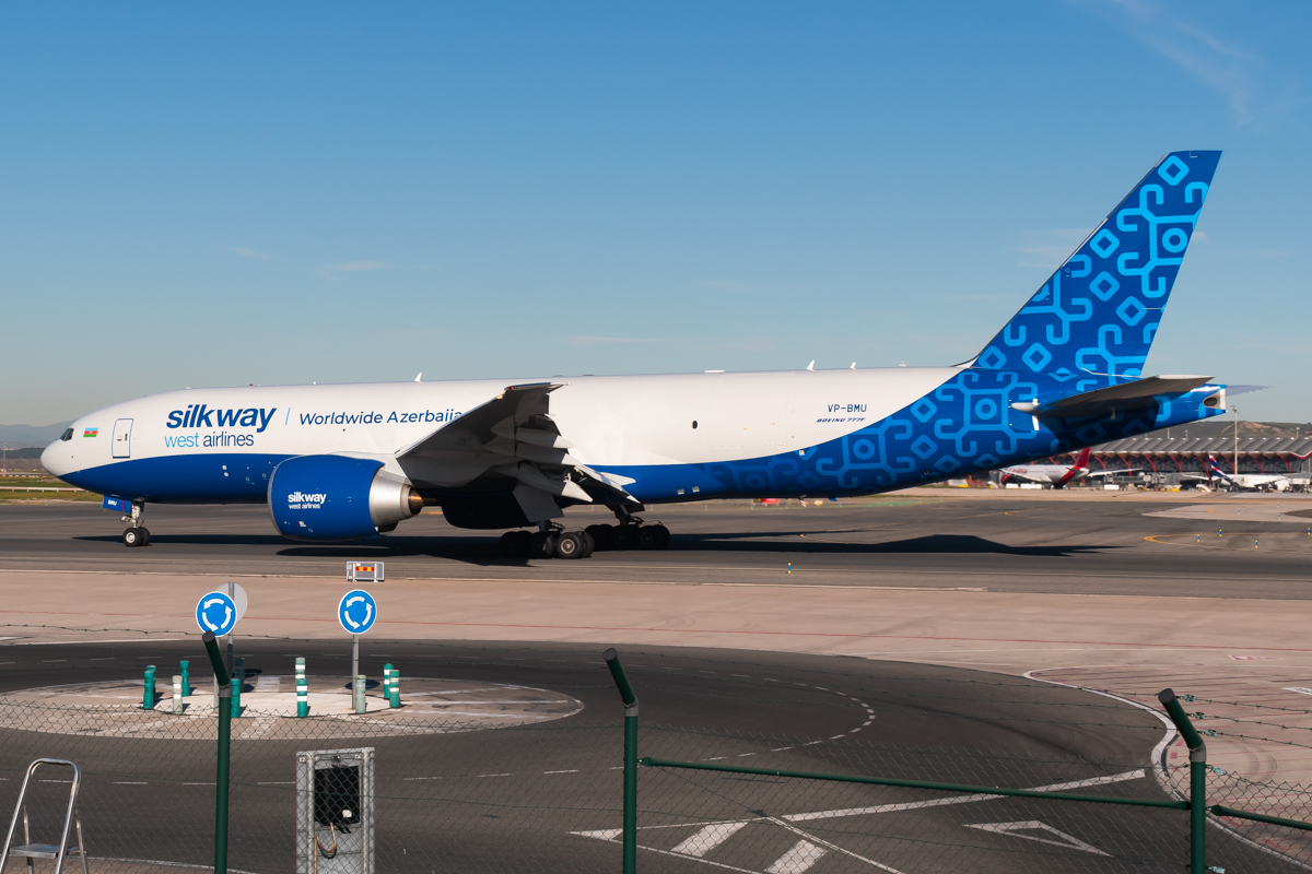 Full size: Silk Way West Airlines Boeing 777-F VP-BMU at Madrid Barajas Airport